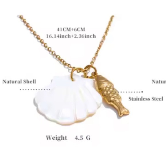 Fish White Shell 18K Gold Stainless Steel Waterproof Necklace - Picture 2 of 5